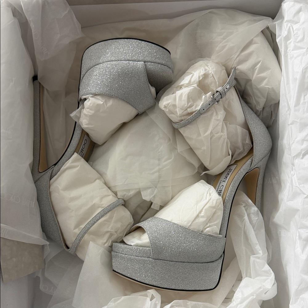 Jimmy Choo Glittering Silver Platform Heels